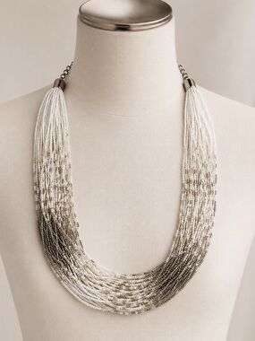 Vintage Long Multi Strand White Beaded Necklace Silver Tone 80–85 cm